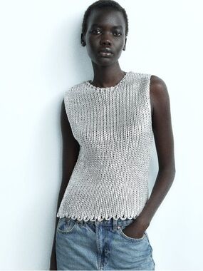 Zara Metallic Knit Sleeveless Top Silver Chunky Knit Tank Size S
